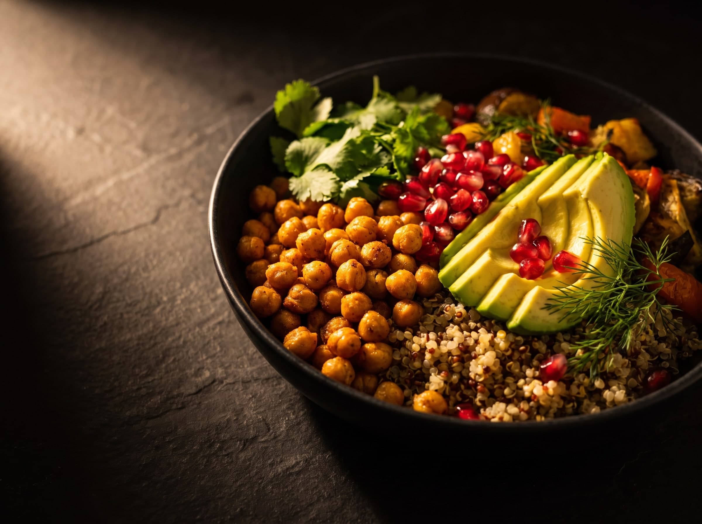 Bowl mit Kichererbsen, Avocado, Granatapfel und Quinoa