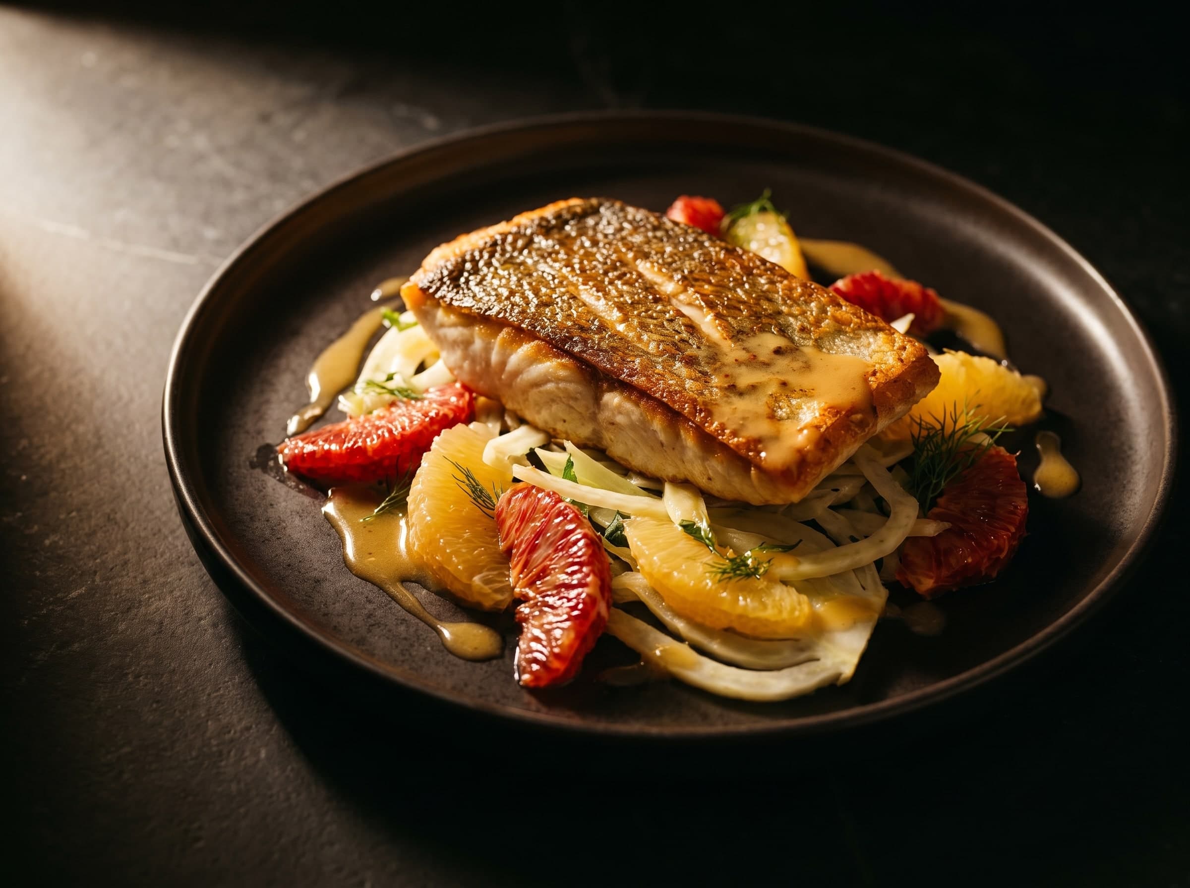 Fischfilet auf Fenchel mit Orangen- und Blutorangen-Filets