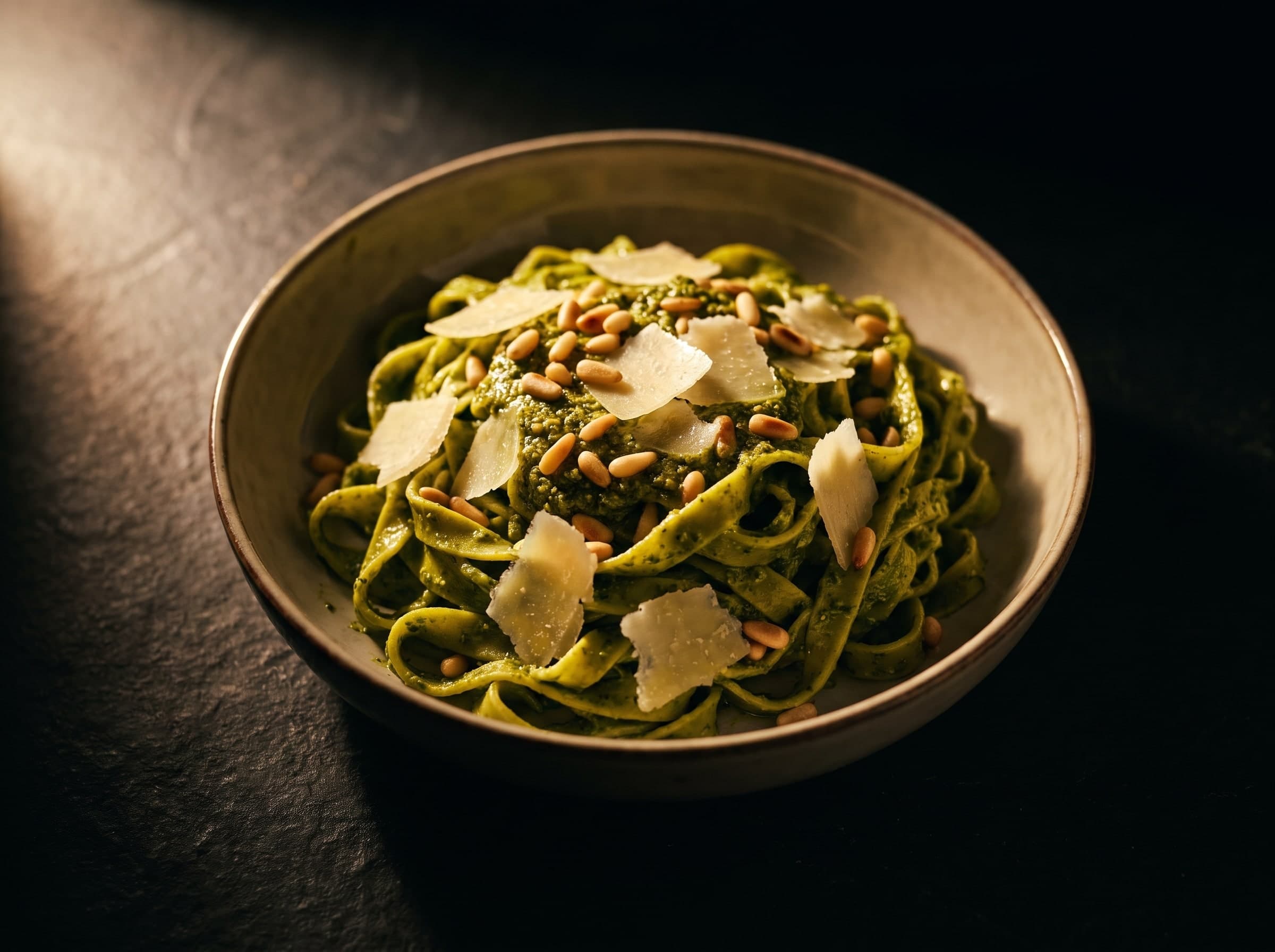 Grüne Tagliatelle mit Pesto und Parmesan in einer Schale