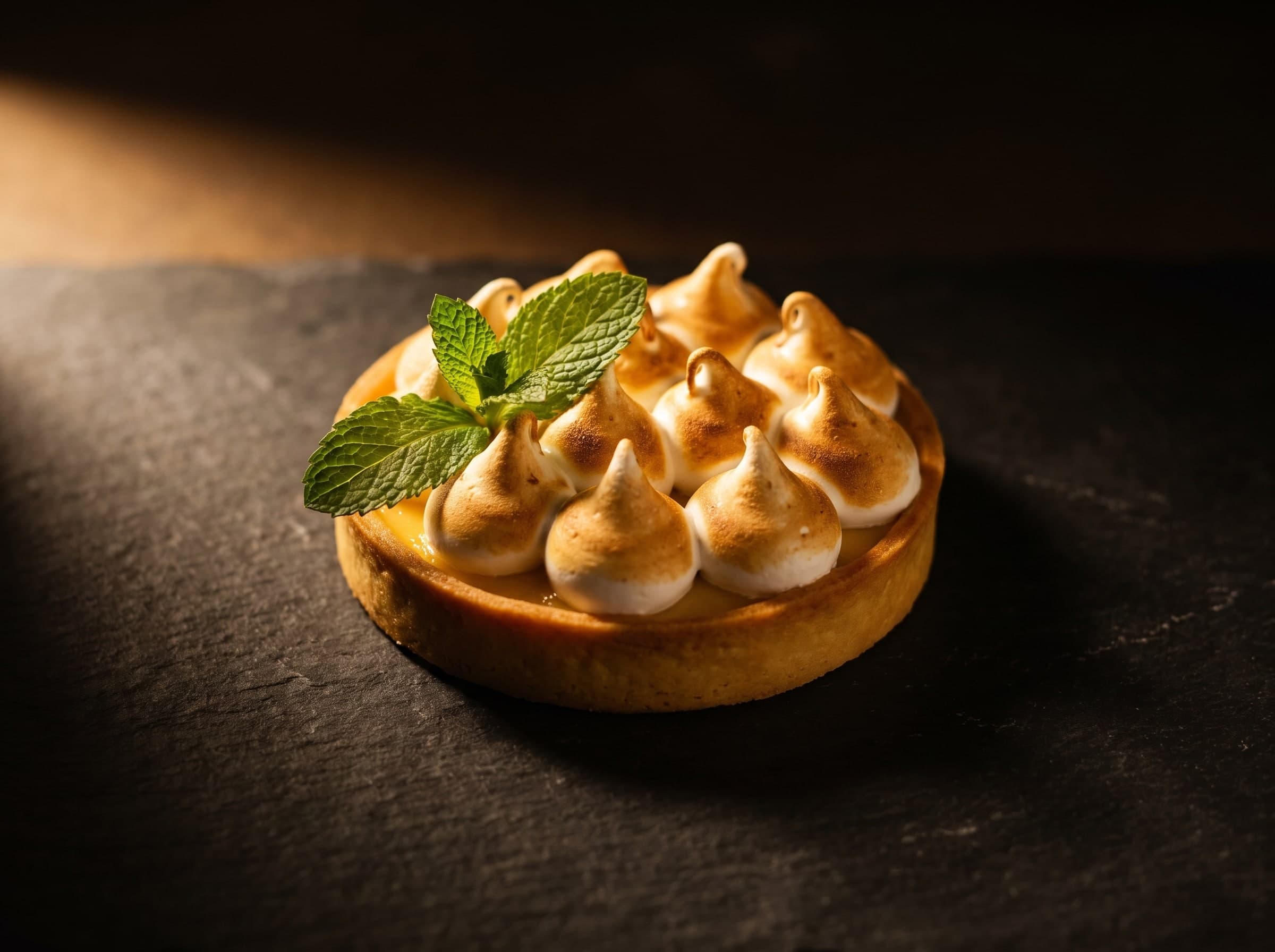 Tarte mit abgeflämmten Baiserspitzen und Minze