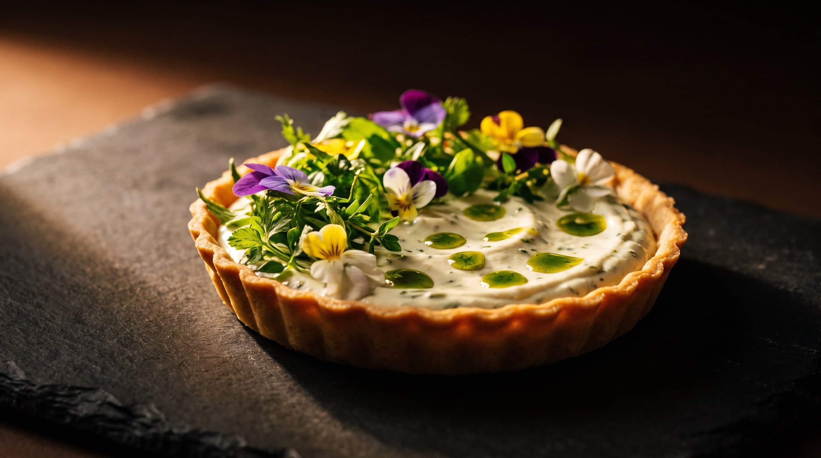 Tartelette mit Kräutercreme und essbaren Blüten