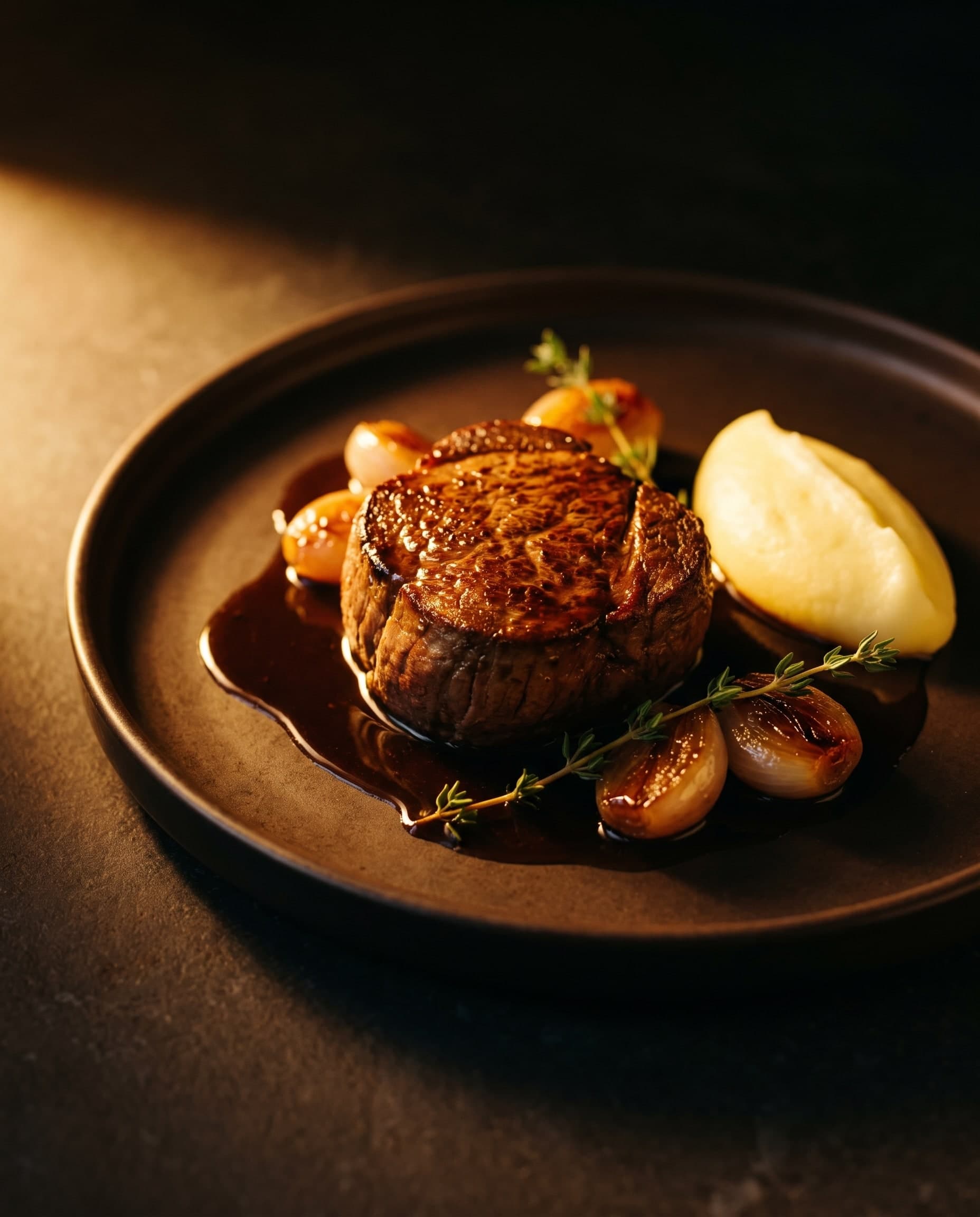 Rinderfilet mit glänzender Jus, glasierten Schalotten, Kartoffelpüree und Thymian auf dunklem Teller