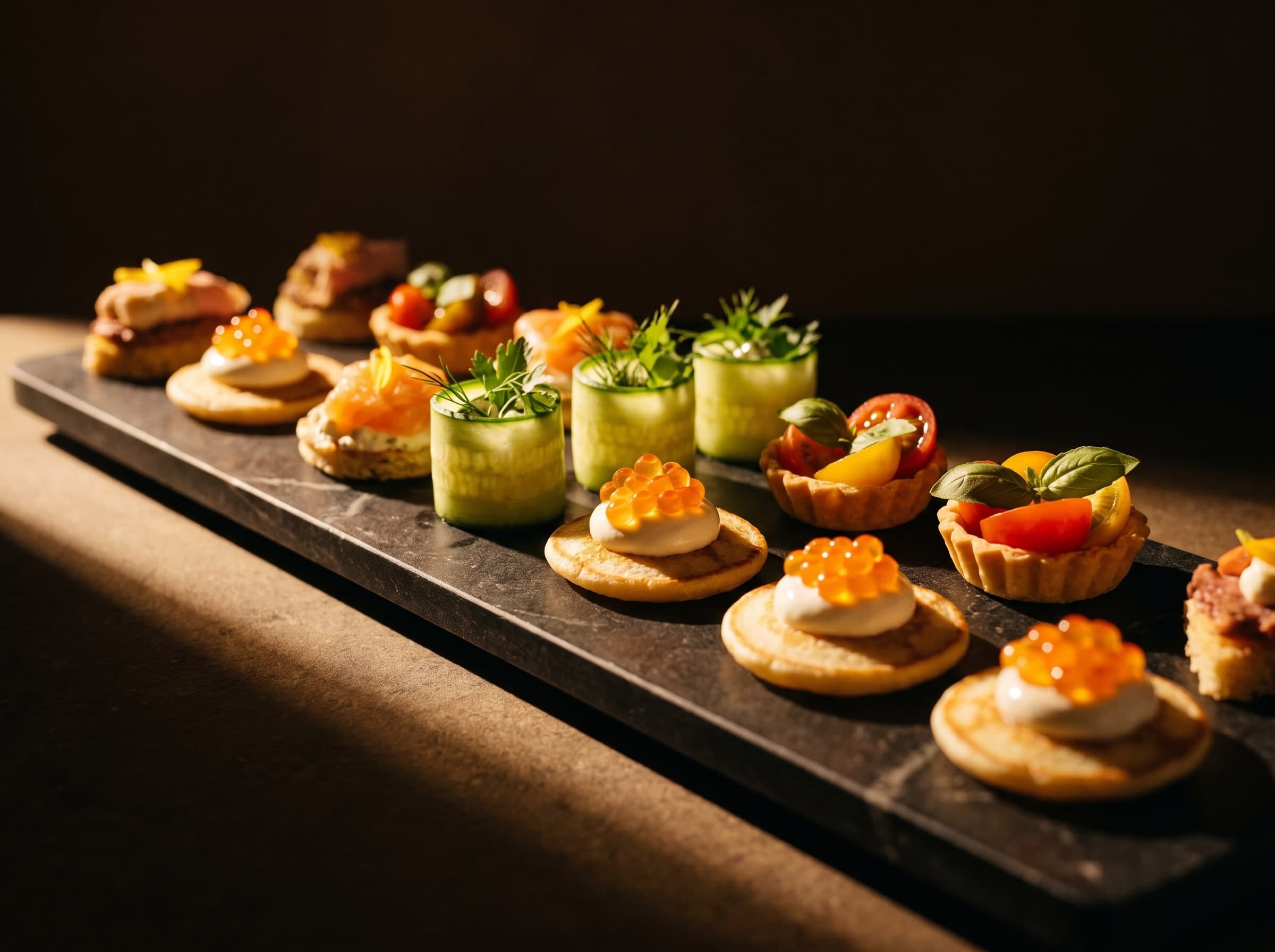 Canapés in einer Reihe auf dunklem Steinbrett: Blini mit Crème und orangem Fischrogen, Gurkenröllchen mit Kräutern, Tartelettes mit Tomaten und Basilikum