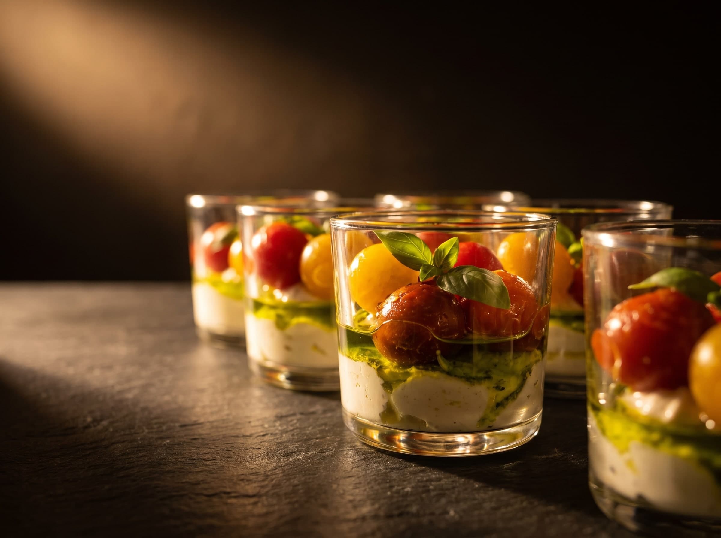 Gläser mit Burrata, Basilikumöl und Kirschtomaten auf dunklem Stein