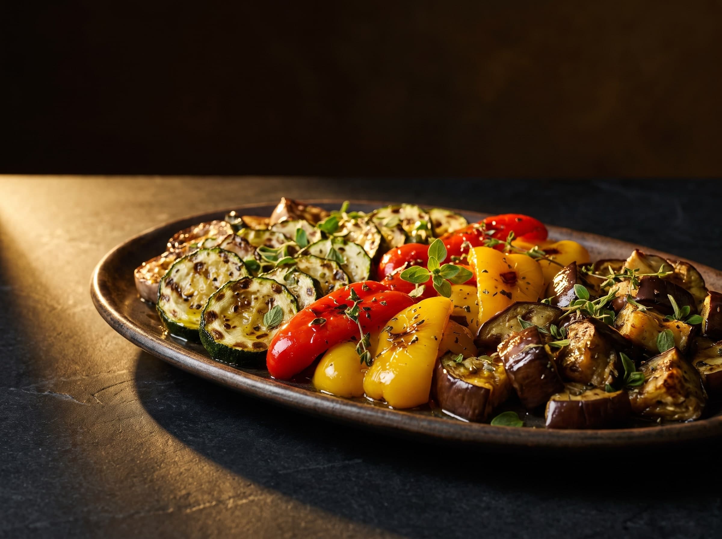 Platte mit gegrillter Zucchini, Paprika und Aubergine in Olivenöl und Kräutern