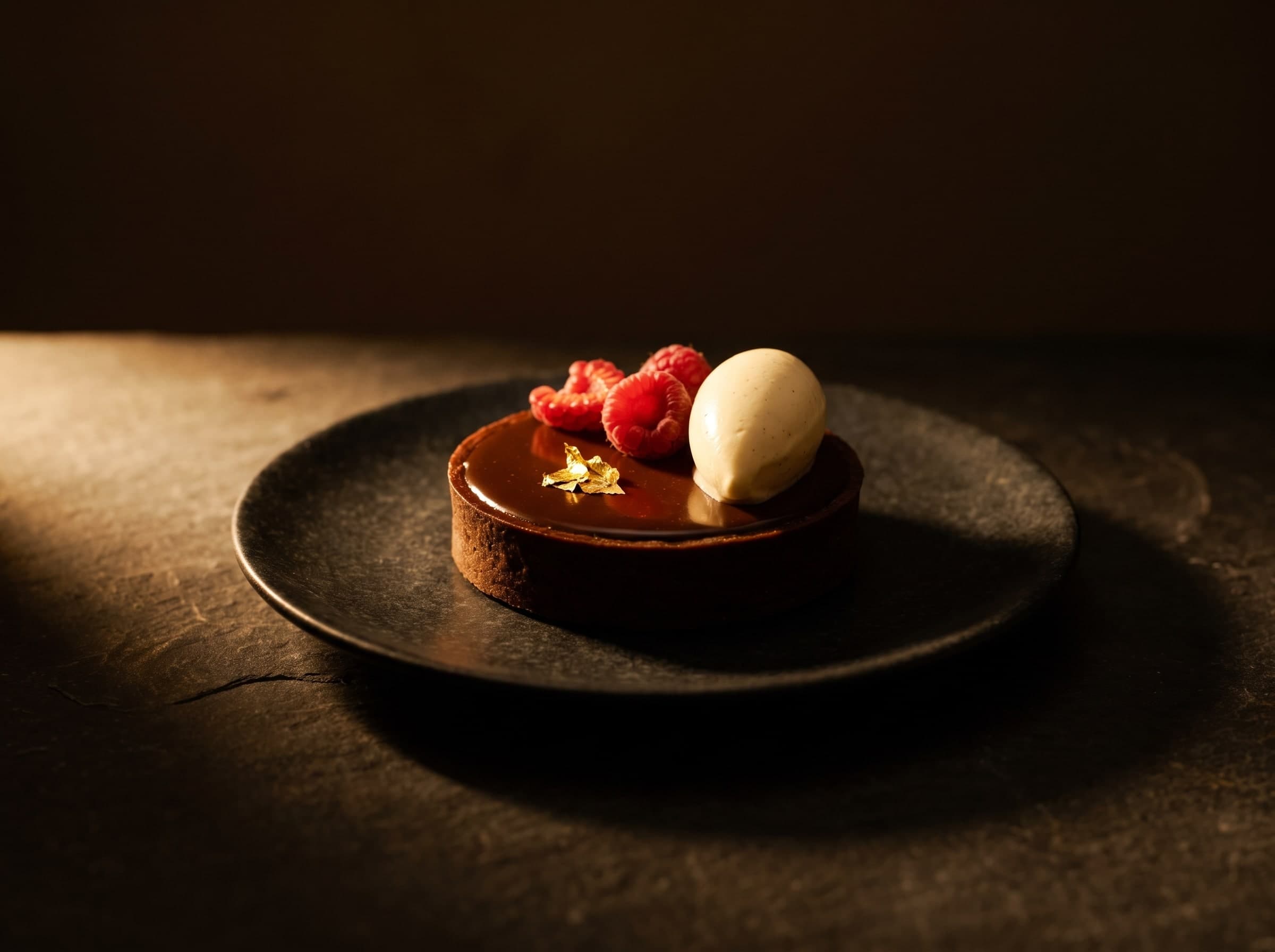Kleine Schokoladentarte mit Himbeeren, Blattgold und einer Kugel heller Creme auf dunklem Teller