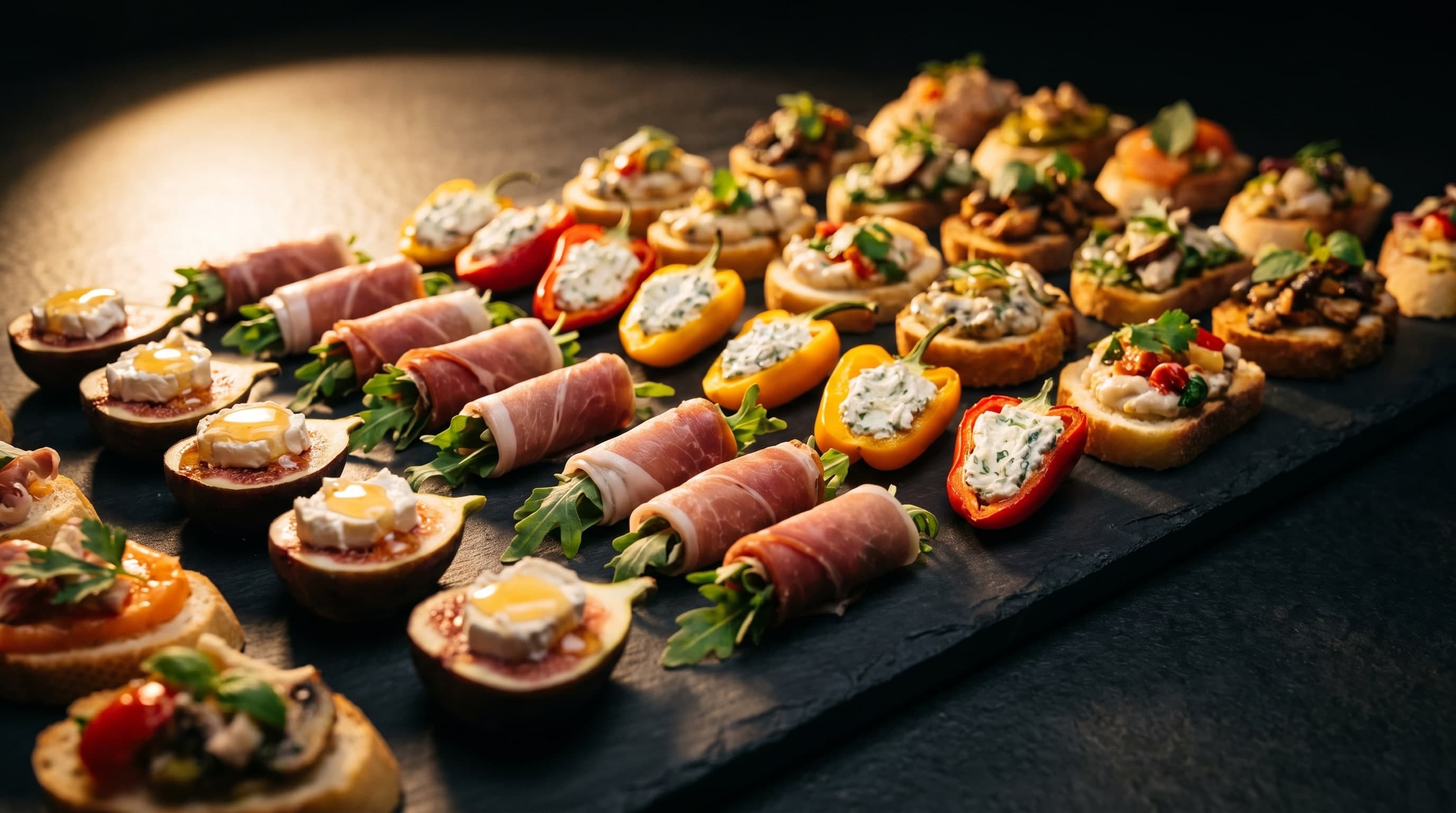 Canapés auf dunklem Stein: Feigenhälften mit Ziegenkäse und Honig, Rohschinken-Röllchen mit Rucola, mit Frischkäse gefüllte Mini-Paprika und Crostini mit Pilzen und Tomaten